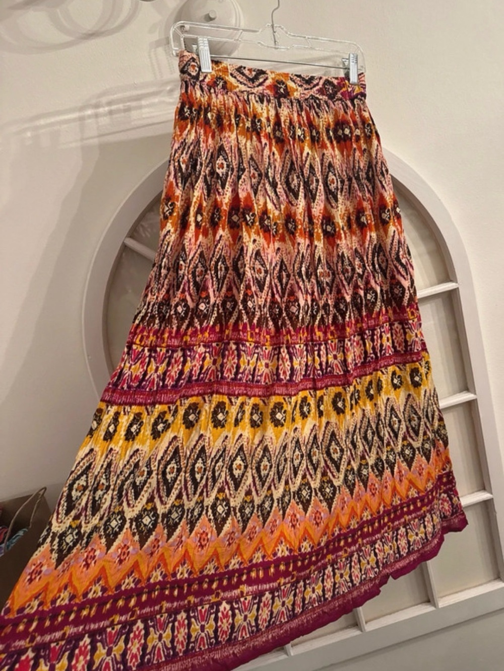 Bohemian Maxi Skirt in Yellow, Orange and Pink Ikat Print Made in India. S/M